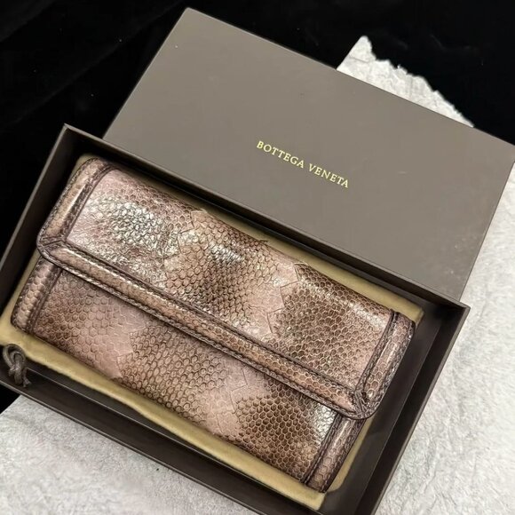 Bottega Veneta FULL SET Mauve Pink Python Flap Continental Wallet - Picture 1 of 5